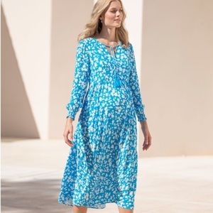 Seraphine blue floral midi boho dress with tassel maternity and nursing